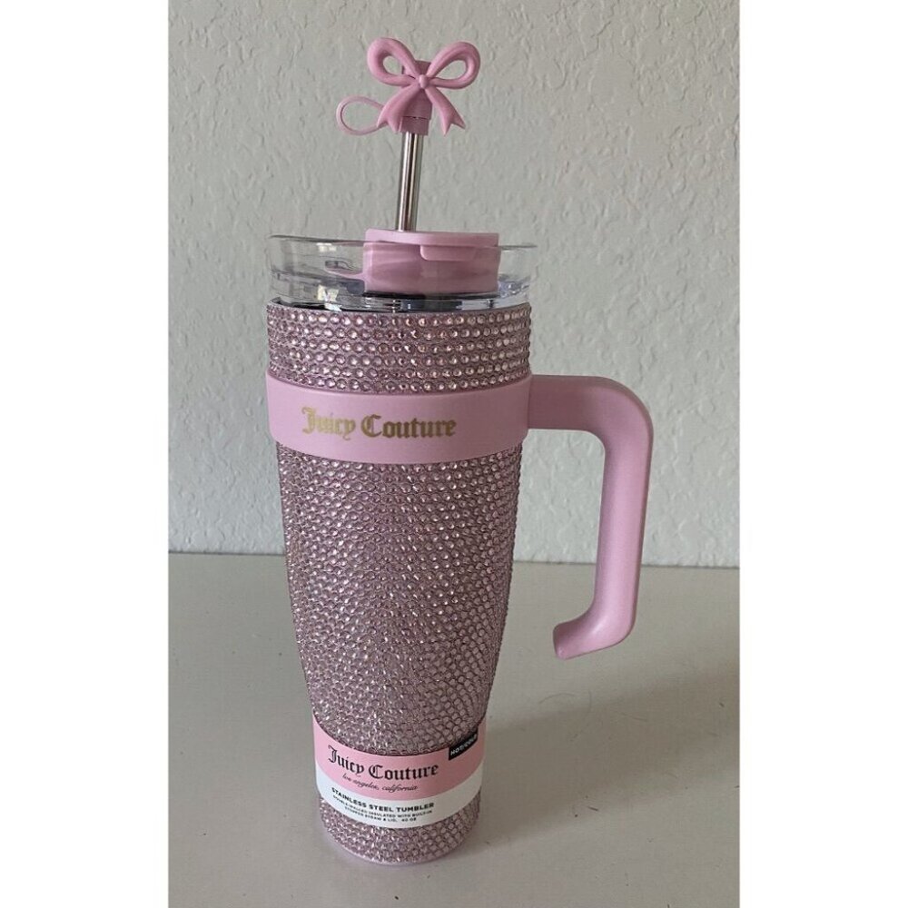 Juicy Couture RHINESTONE Jewel Light Pink Stainless Steel Hot Cold 40 Oz Tumbler